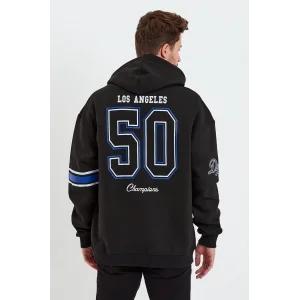 Erkek 3 İplik Pamuklu Kapüşonlu Baskılı Cepli Oversize Sweatshirt Hoodie - Siyah