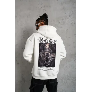 Erkek 3 İplik Pamuklu Kapüşonlu Baskılı Cepli Oversize Sweatshirt Hoodie - Beyaz