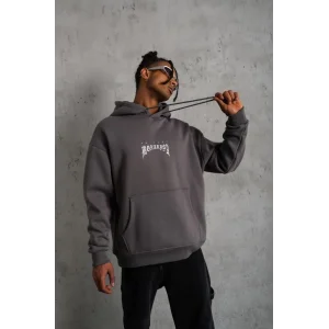 Erkek 3 İplik Pamuklu Kapüşonlu Baskılı Cepli Oversize Sweatshirt Hoodie - Gri