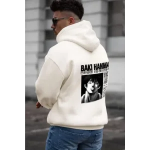 Erkek 3 İplik Pamuklu Kapüşonlu Baskılı Cepli Oversize Sweatshirt Hoodie - Beyaz