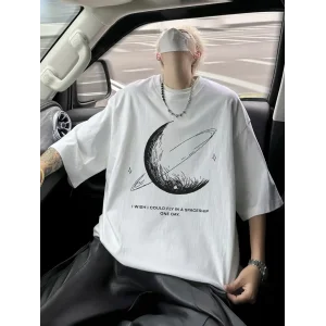 Erkek Baskılı Tişört Kısa Kol Bisiklet Yaka Oversize T-Shirt - Beyaz