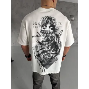 Erkek Kısa Kol Tişört Bisiklet Yaka Filistin Poşulu Baskılı T-Shirt - Beyaz