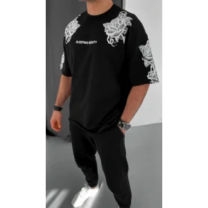 Erkek Kısa Kol Yazlık Tişört Bisiklet Yaka Baskılı Oversize T-Shirt - Siyah