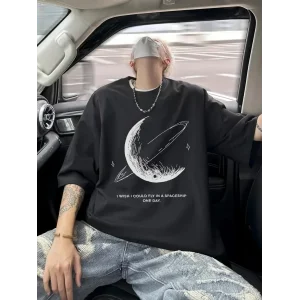 Erkek Baskılı Tişört Kısa Kol Bisiklet Yaka Oversize T-Shirt - - Siyah