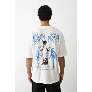 Erkek Kısa Kol Yazlık Tişört Bisiklet Yaka Baskılı Oversize T-Shirt -  Beyaz