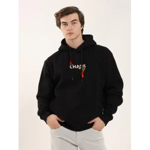 Erkek 3 İplik Pamuklu Kapüşonlu Baskılı Cepli Oversize Sweatshirt Hoodie - Siyah