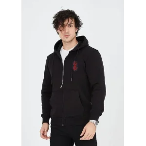 Erkek 3 İplik Pamuklu Kapüşonlu Tam Fermuarlı Cepli Hoodie Sweatshirt - Siyah