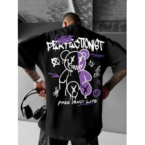 Erkek T-shirt Baskılı Bisiklet Yaka Kısa Kol Tişört - Siyah