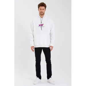 Erkek Baskılı Üç İplik Kapüşonlu Oversize Sweatshirt - Beyaz