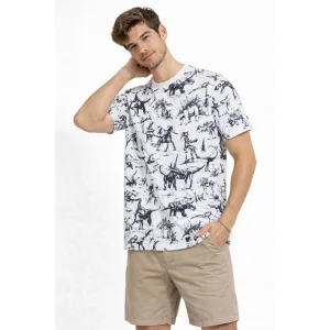 Erkek Beyaz Dinozor Desenli Tişört – Regular Fit, Bisiklet Yaka, Dijital Baskılı Pamuklu T-Shirt - Beyaz