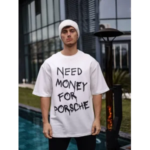 Erkek Kısa Kol Yazlık Tişört Bisiklet Yaka Baskılı Oversize T-Shirt - Beyaz