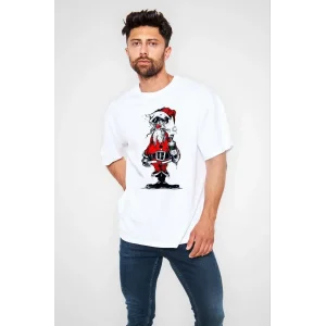 Erkek Kısa Kol Tişört Bisiklet Yaka Yeni Yıl Baskılı T-Shirt - Beyaz