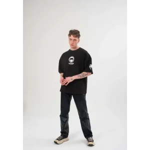 Erkek Kısa Kol Tişört Göğüs ve Kol Bisiklet Yaka Baskılı T-Shirt - Siyah