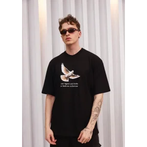 Erkek Kısa Kol Yazlık Tişört Bisiklet Yaka Baskılı Oversize T-Shirt - Siyah