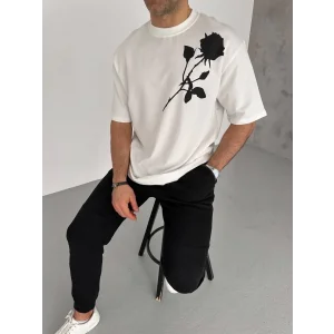 Erkek Kısa Kol Tişört Bisiklet Yaka GÜL Baskılı Oversize T-Shirt - Beyaz