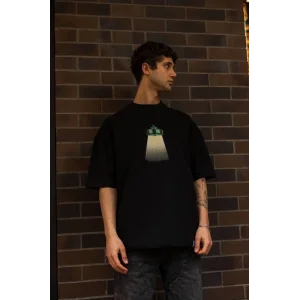 Erkek Kısa Kol Yazlık Tişört Bisiklet Yaka Baskılı Oversize T-Shirt - Siyah