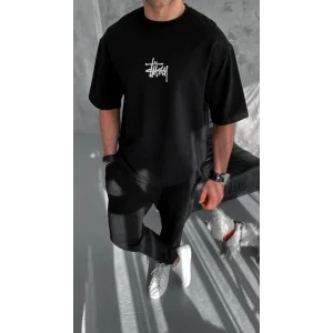 Erkek Kısa Kol Yazlık Tişört Bisiklet Yaka Baskılı Oversize T-Shirt - Siyah