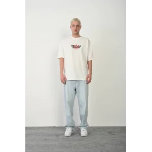 Erkek Kısa Kol Yazlık Tişört Bisiklet Yaka Baskılı Oversize T-Shirt - Beyaz