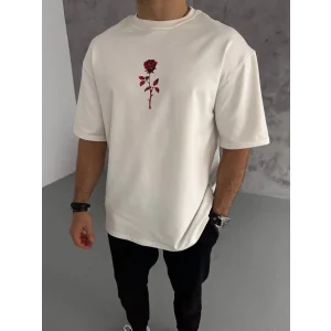 Erkek Kısa Kol Tişört Bisiklet Yaka GÜL Baskılı Oversize T-Shirt - Beyaz