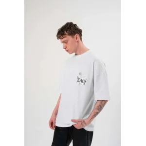 Erkek Kısa Kol Yazlık Tişört Bisiklet Yaka Baskılı Oversize T-Shirt - Beyaz