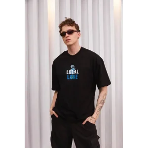 ERKEK Bisiklet Yaka Baskılı Oversize Kısa kol T-Shirt - Siyah