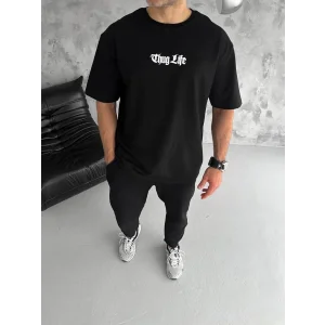 Erkek Kısa Kol Yazlık Tişört Bisiklet Yaka Baskılı Oversize T-Shirt - Siyah