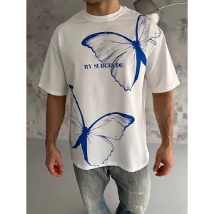 Erkek Kısa Kol Yazlık Tişört Bisiklet Yaka Baskılı Oversize T-Shirt - Beyaz