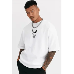 Erkek Kısa Kol Yazlık Tişört Bisiklet Yaka Baskılı Oversize T-Shirt - Beyaz