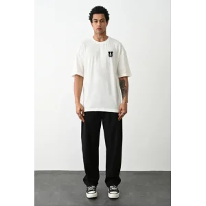 Erkek Kısa Kol Yazlık Tişört Bisiklet Yaka Baskılı Oversize T-Shirt - Beyaz