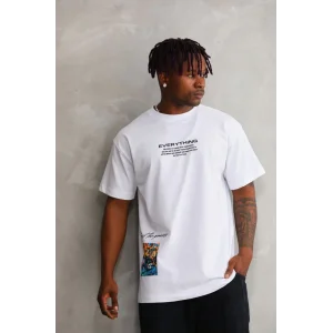 Erkek Bisiklet Yaka Baskılı Oversize T-Shirt - Beyaz