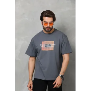 Erkek Baskılı T-Shirt Kısa Kol Bisiklet Yaka Regular Fit Rahat Kalıp Tişört -  Füme