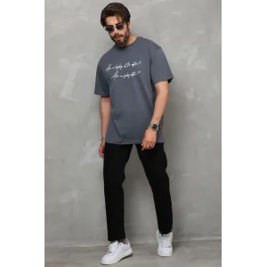 Erkek Kısa Kol Yazlık Tişört Bisiklet Yaka Baskılı Oversize T-Shirt - Füme