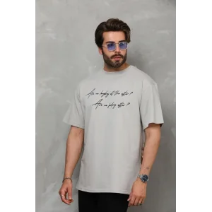 Erkek Kısa Kol Yazlık Tişört Bisiklet Yaka Baskılı Oversize T-Shirt - Gri