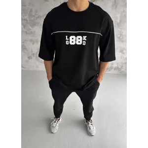 Erkek Kısa Kol Yazlık Tişört Bisiklet Yaka Baskılı Oversize T-Shirt - Siyah