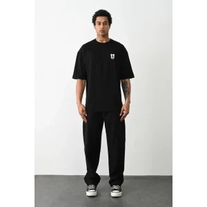 Erkek Kısa Kol Yazlık Tişört Bisiklet Yaka Baskılı Oversize T-Shirt - Siyah