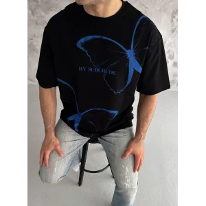 Erkek Kısa Kol Yazlık Tişört Bisiklet Yaka Baskılı Oversize T-Shirt - Siyah