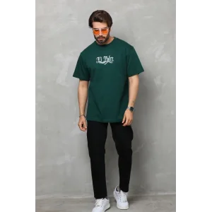 Erkek Kısa Kol Yazlık Tişört Bisiklet Yaka Baskılı Oversize T-Shirt - Yeşil