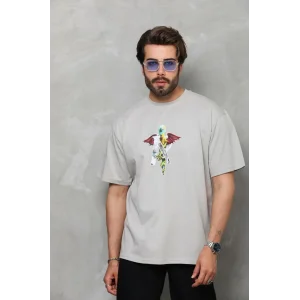 Erkek Baskılı T-Shirt Kısa Kol Bisiklet Yaka Regular Fit Rahat Kalıp Tişört -  Gri