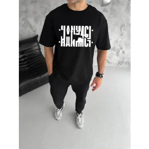 Erkek Tişört Kısa Kol Bisiklet Yaka Katlanan HANIMCI Baskılı T-Shirt - Siyah