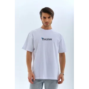 Erkek Kısa Kol Yazlık Tişört Bisiklet Yaka KELEBEK Baskılı T-Shirt - Beyaz
