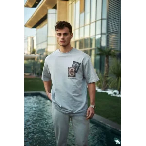 Erkek Kısa Kol Yazlık Tişört Bisiklet Yaka Baskılı Oversize T-Shirt - Boyalı Gri