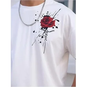 Erkek Kısa Kol Yazlık Tişört Bisiklet Yaka GÜL Baskılı T-Shirt - Beyaz