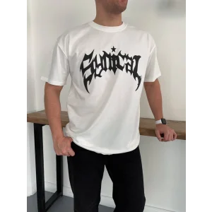 Erkek Bisiklet Yaka Ön Baskılı Kısa Kollu Tişört Streetwear Günlük Basic Pamuklu T-shirt - Beyaz