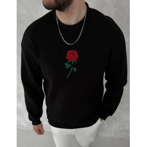 ERKEK 3 iplik Pamuklu Bisiklet Yaka Ön Ve Arka Baskılı SweatShirt - Siyah