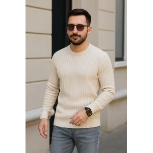 Erkek Bisiklet Yuvarlak Yaka Triko Kazak Pamuklu Kalın Fitilli Dokuma, Regular Fit Uzun Kollu Kışlık Model - Bej