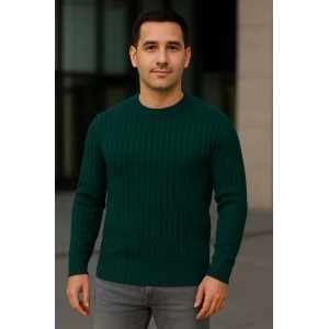 Erkek Bisiklet Yuvarlak Yaka Triko Kazak Pamuklu Kalın Fitilli Dokuma, Regular Fit Uzun Kollu Kışlık Model - Haki