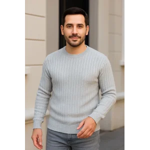 Erkek Bisiklet Yuvarlak Yaka Triko Kazak Pamuklu Kalın Fitilli Dokuma, Regular Fit Uzun Kollu Kışlık Model - Gri