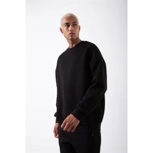 ERKEK Bisikilet Yaka 3 İplik Pamuklu SweatShirt - Siyah