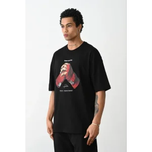 Erkek Boxy Eldiven Baskılı T-Shirt Kısa Kol Bisiklet Yaka Tişört - Siyah