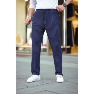 Erkek Cizgili Dokuma Krep Jogger Buggy Pantalon Rahat kalıp - Lacivert